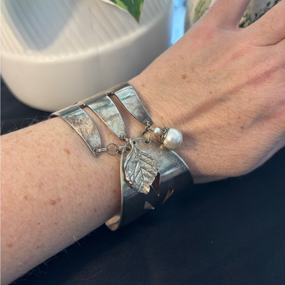 Artisan Fork & Spoon Cuff Bracelet – Sterling Silver Clasp & Pearl Charm